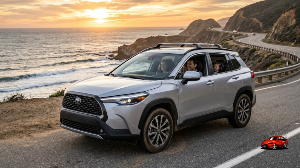 2026 Toyota Corolla Cross compact SUV parked on coastal highway showing sleek design and family-friendly styling

