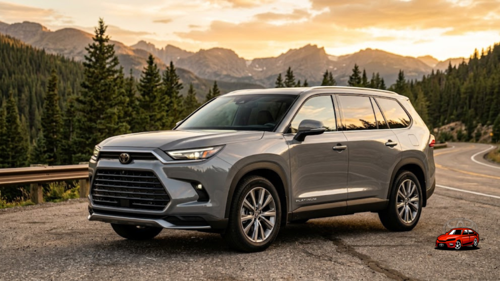 2025 Toyota Grand Highlander SUV parked on mountain road at sunset showcasing bold front grille and muscular design
