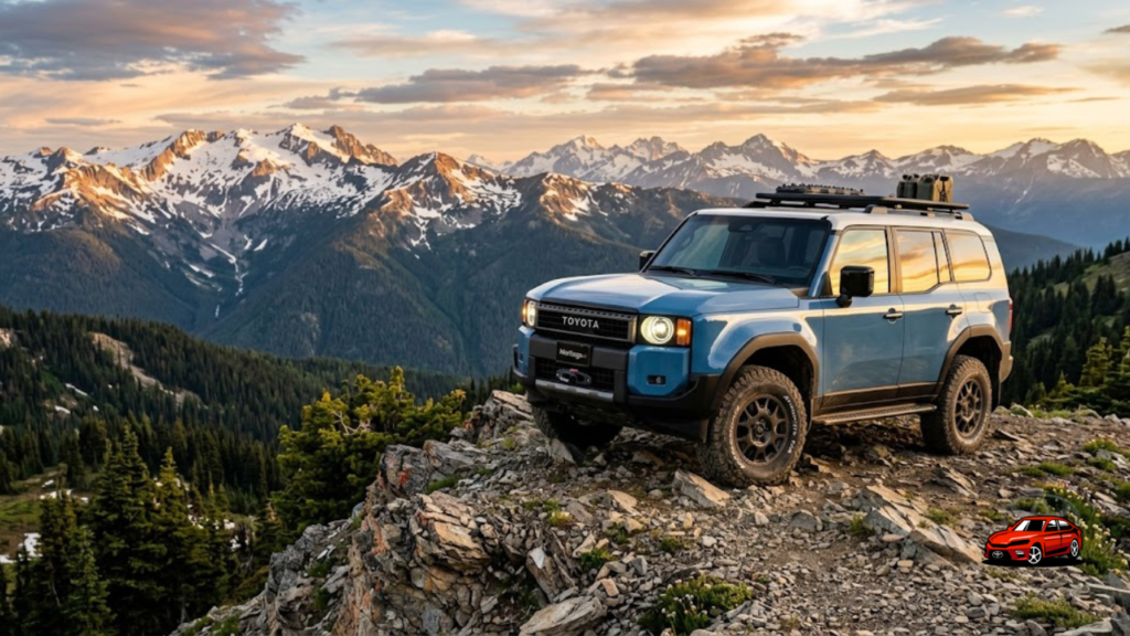 2025 Toyota Land Cruiser parked on rocky mountain overlook showcasing legendary off-road SUV design and capability