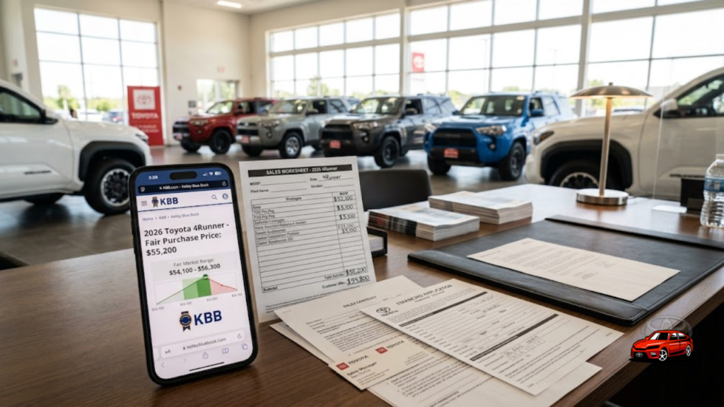 Toyota dealership desk with pricing documents and smartphone showing KBB Fair Purchase Price for 2026 4Runner