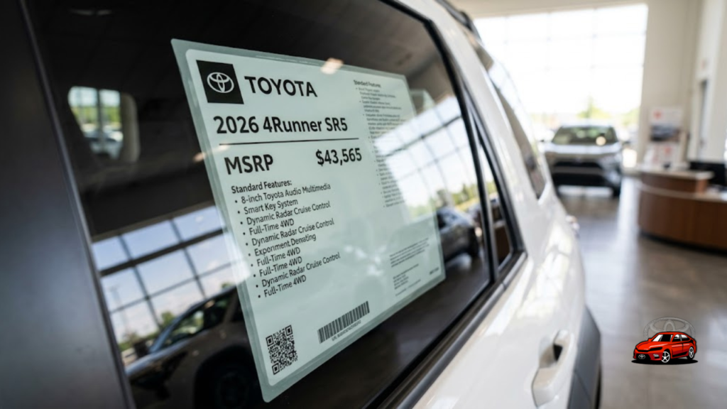 Close-up of Toyota window sticker showing 2026 4Runner MSRP and pricing details at dealership showroom