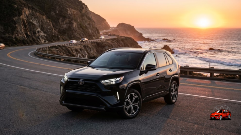 2026 Toyota RAV4 Hybrid parked on coastal highway at sunset showcasing sleek Midnight Black Metallic exterior and aggressive front styling