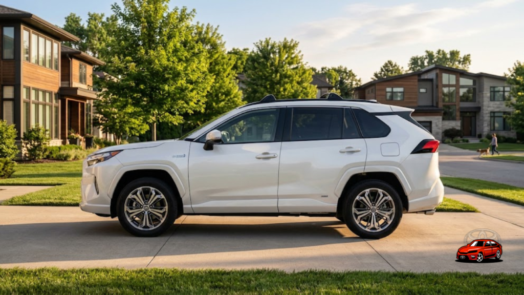 2026 Toyota RAV4 Hybrid in Wind Chill Pearl parked in modern suburban neighborhood showcasing family-friendly SUV design
