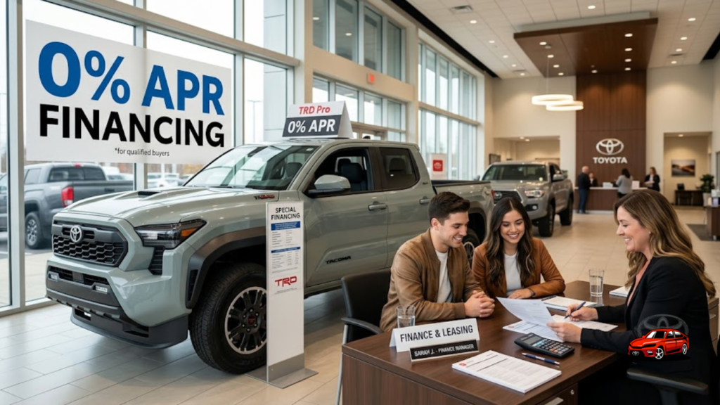 Toyota Tacoma with 0 APR financing offer displayed at dealership showroom.