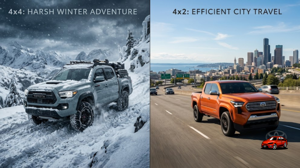 Comparison of 4x4 Toyota Tacoma in snowy mountains versus 4x2 model on sunny highway.