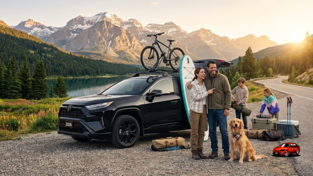 Happy family with 2026 Toyota RAV4 Hybrid in national park setting with mountains lake and camping gear