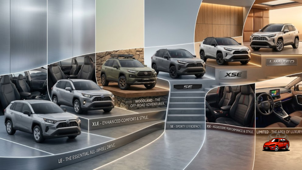 Comparison of all six 2026 Toyota RAV4 Hybrid trims LE XLE Woodland SE XSE and Limited in studio display