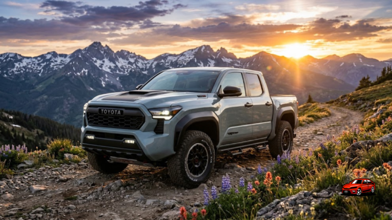 2026 Toyota Tacoma TRD Pro in Lunar Rock parked on mountain trail at sunset showcasing rugged off-road capability and modern design.