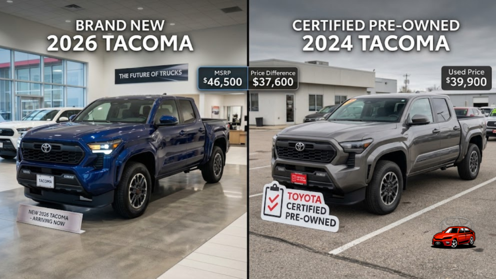 Comparison of new 2026 Toyota Tacoma versus used 2024 model showing price and condition differences.