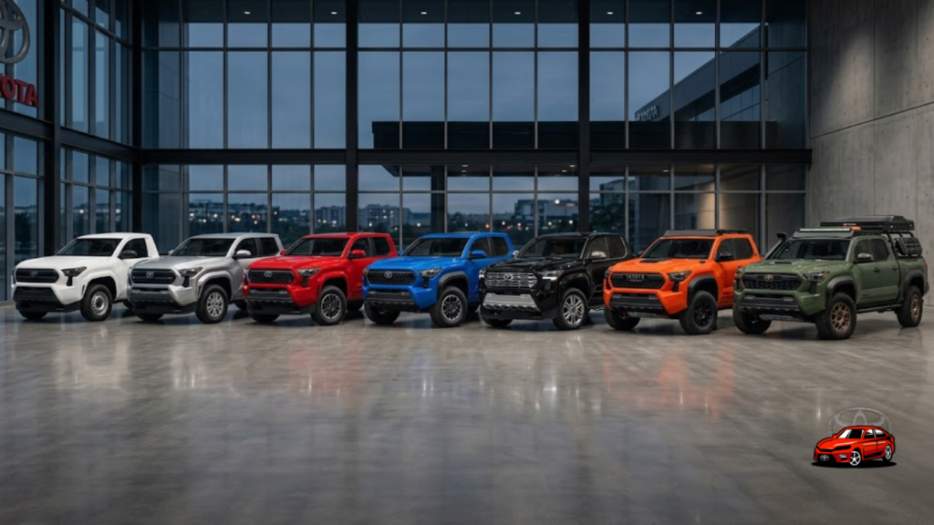 Full 2026 Toyota Tacoma lineup showcasing all seven trims from base SR to Trailhunter in modern showroom.