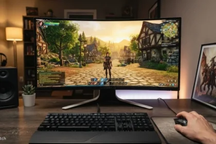Mabinogi Lazy Patch guide showing the game interface and gameplay screen on a desktop gaming setup