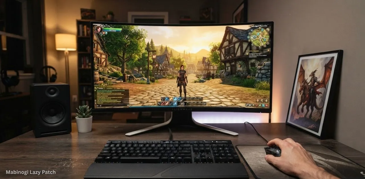 Mabinogi Lazy Patch guide showing the game interface and gameplay screen on a desktop gaming setup